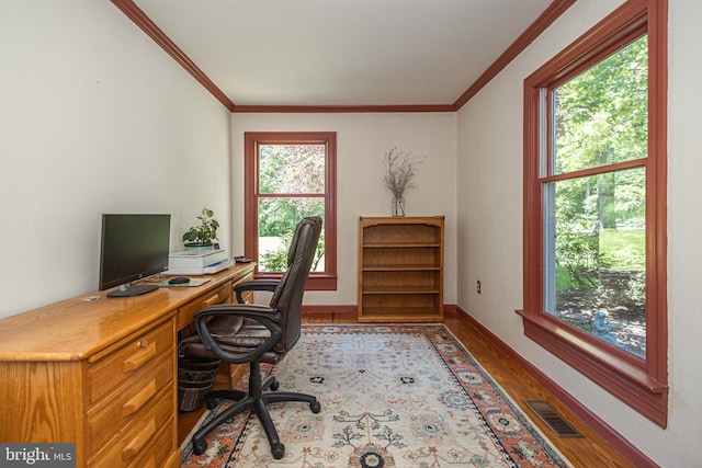 3048 Aquetong Rd, New Hope, PA 18938 - office area with wood finished floors, ornamental molding, and baseboards