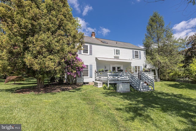 3048 Aquetong Rd, New Hope, PA 18938 - rear view of house with a wooden deck, a chimney, and a yard