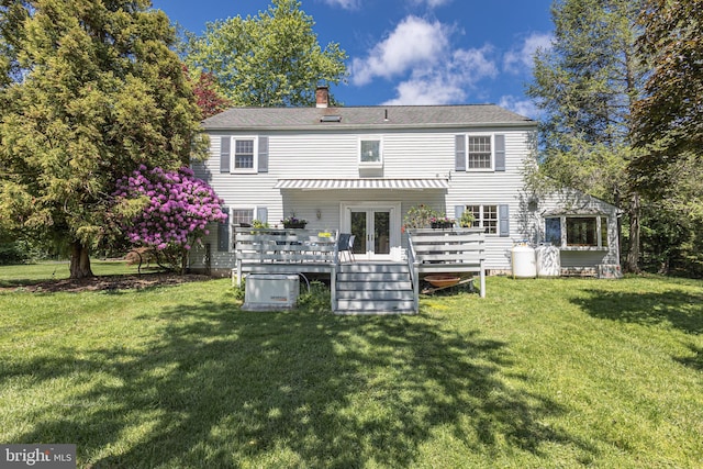 3048 Aquetong Rd, New Hope, PA 18938 - back of property featuring a deck, french doors, a chimney, and a yard