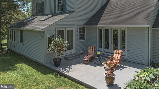 3048 Aquetong Rd, New Hope, PA 18938 - back of house featuring french doors, roof with shingles, a patio area, a lawn, and entry steps