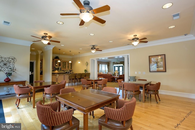 7305 Maplecrest Rd Unit 407, Elkridge, MD 21075 - dining area featuring ornamental molding, ceiling fan, recessed lighting, light wood-style flooring, and baseboards