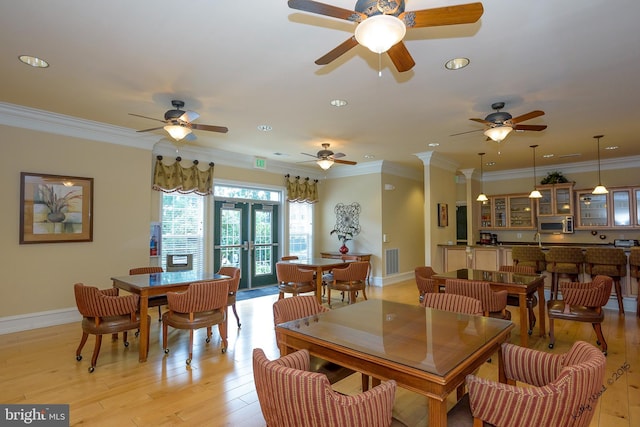 7305 Maplecrest Rd Unit 407, Elkridge, MD 21075 - dining room with baseboards, ornamental molding, recessed lighting, a ceiling fan, and light wood-type flooring