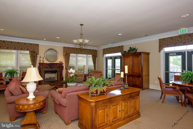 7305 Maplecrest Rd Unit 407, Elkridge, MD 21075 - living room with a chandelier, light colored carpet, a premium fireplace, french doors, and baseboards