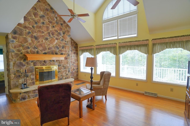 301 Country Club Trl, Fairfield, PA 17320 - living area with ceiling fan, wood finished floors, plenty of natural light, and high vaulted ceiling