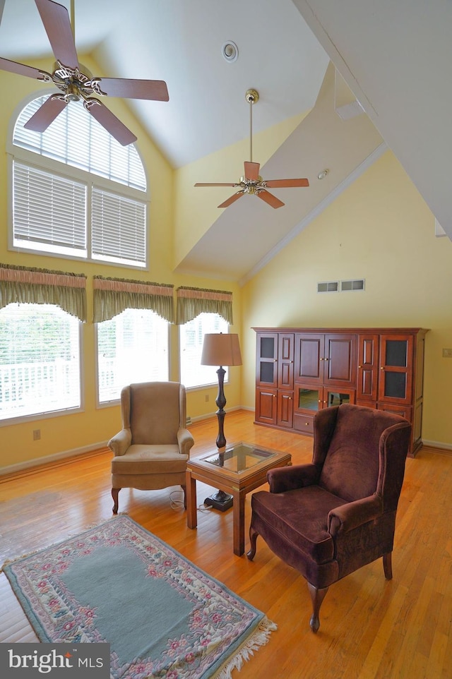 301 Country Club Trl, Fairfield, PA 17320 - living room with a ceiling fan, high vaulted ceiling, light wood-type flooring, and baseboards