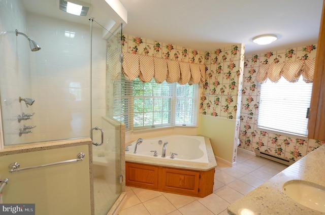 301 Country Club Trl, Fairfield, PA 17320 - bathroom with a stall shower, a garden tub, tile patterned floors, healthy amount of natural light, and wallpapered walls
