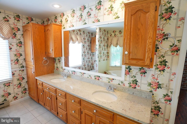 301 Country Club Trl, Fairfield, PA 17320 - full bath with wallpapered walls, tile patterned floors, double vanity, baseboards, and a bathtub