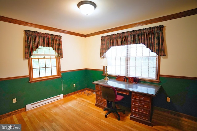 301 Country Club Trl, Fairfield, PA 17320 - home office featuring baseboard heating, wood finished floors, ornamental molding, and baseboards