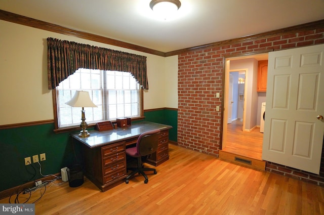 301 Country Club Trl, Fairfield, PA 17320 - office area featuring ornamental molding, light wood-style flooring, washer / dryer, and brick wall
