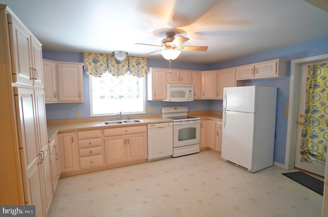 301 Country Club Trl, Fairfield, PA 17320 - kitchen with white appliances, a sink, a ceiling fan, light brown cabinets, and light flooring