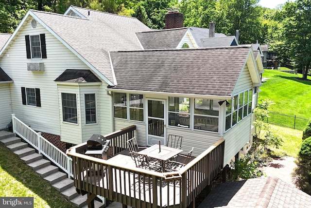 301 Country Club Trl, Fairfield, PA 17320 - back of property with roof with shingles, a wooden deck, a sunroom, outdoor dining space, and a chimney