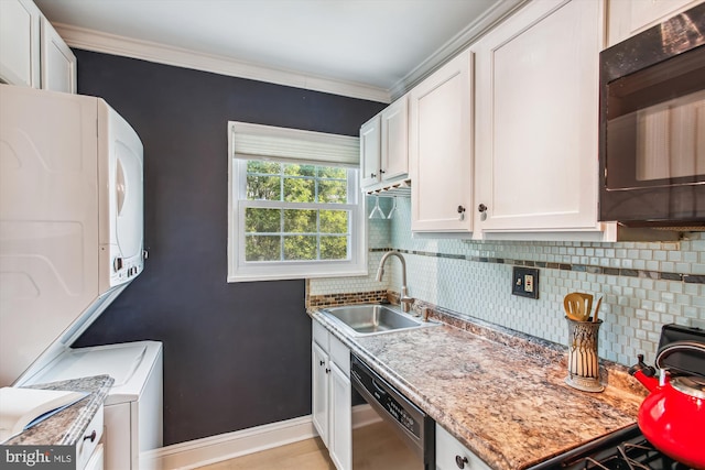 2237 Farrington Ave Unit 301, Alexandria, VA 22303 - kitchen with dishwasher, black microwave, a sink, stacked washer and clothes dryer, and decorative backsplash