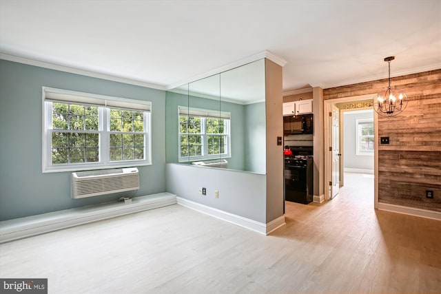 2237 Farrington Ave Unit 301, Alexandria, VA 22303 - unfurnished room with ornamental molding, a chandelier, light wood-style flooring, a wall mounted air conditioner, and baseboards
