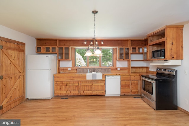 2070 Farragut Dr, Stafford, VA 22554 - kitchen featuring white appliances, open shelves, light wood-style flooring, and under cabinet range hood