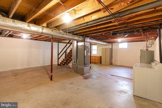 2070 Farragut Dr, Stafford, VA 22554 - basement with washing machine and clothes dryer, water heater, heating unit, and stairway