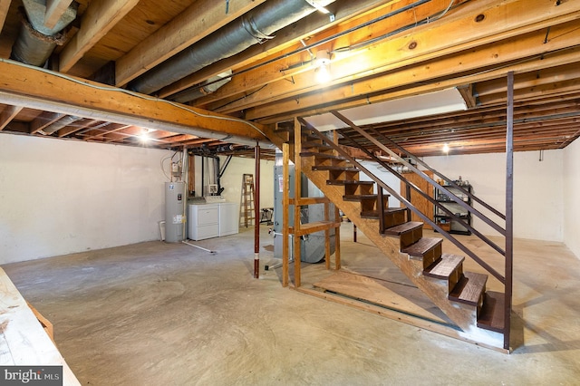 2070 Farragut Dr, Stafford, VA 22554 - unfinished below grade area featuring electric water heater, washer and clothes dryer, and stairs