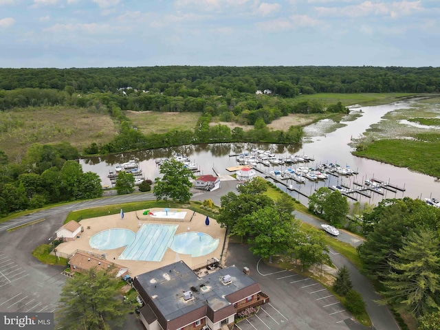 2070 Farragut Dr, Stafford, VA 22554 - bird's eye view of a heavily wooded area, a nearby body of water, a marina, and a pool