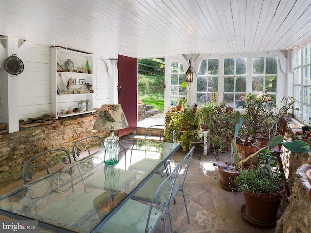 1180 Radnor Hill Rd, Wayne, PA 19087 - sunroom with stone finish flooring and wooden ceiling