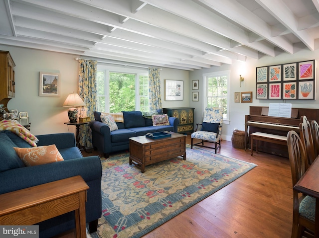 1180 Radnor Hill Rd, Wayne, PA 19087 - living area with wood finished floors and beamed ceiling