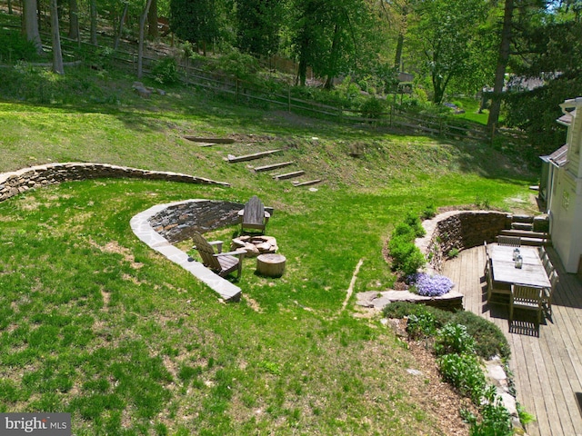 1180 Radnor Hill Rd, Wayne, PA 19087 - view of grassy yard with an outdoor fire pit and a wooden deck