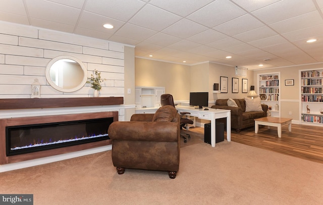 14 Coolidge Way, Princeton, NJ 08540 - living area featuring built in features, carpet, a glass covered fireplace, recessed lighting, and a desk