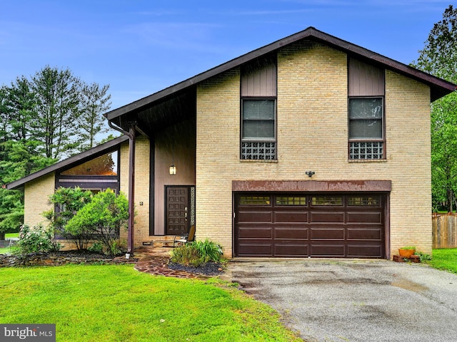 2 Barnstable Ct, Owings Mills, MD 21117 - mid-century modern home with an attached garage, asphalt driveway, brick siding, and a front lawn