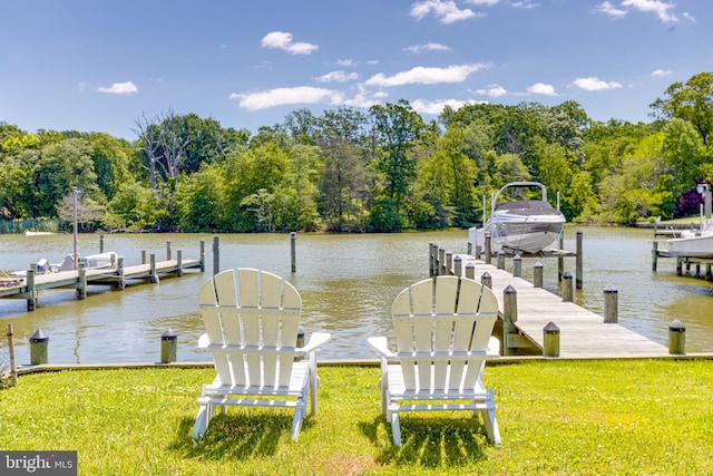 dock area with a water view and a lawn