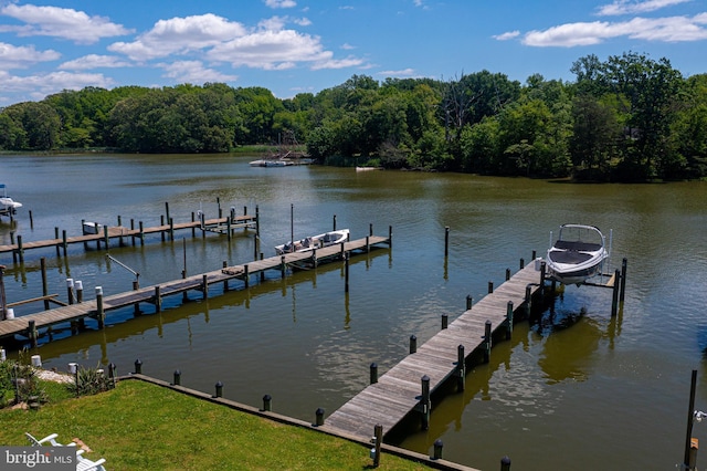 dock area with a water view, a wooded view, and boat lift