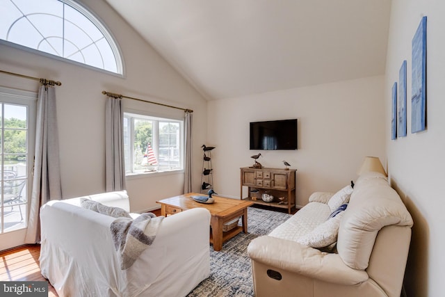 living area with healthy amount of natural light, high vaulted ceiling, and light wood-type flooring