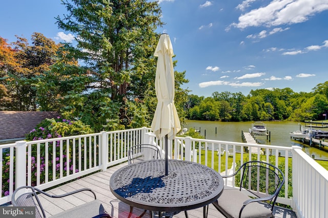 deck with a water view and a dock
