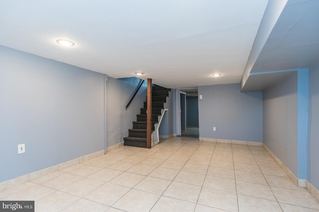 3539 Almond St, Philadelphia, PA 19134 - finished below grade area featuring stairs, recessed lighting, light tile patterned flooring, and baseboards
