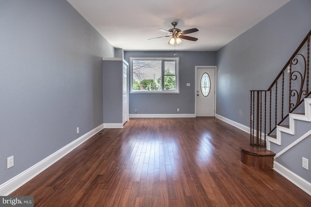 3539 Almond St, Philadelphia, PA 19134 - foyer with ceiling fan, stairway, dark wood-style flooring, and baseboards
