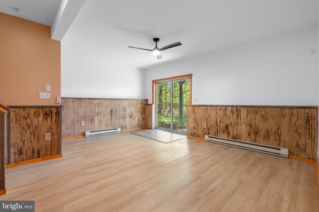 2107 Lenape Ter, Canadensis, PA 18325 - empty room featuring baseboard heating, wood finished floors, a ceiling fan, wainscoting, and a smoke detector