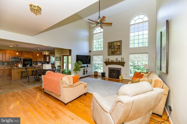 294 Arthur Ave, Port Deposit, MD 21904 - living area with a towering ceiling, a ceiling fan, light wood finished floors, and a fireplace