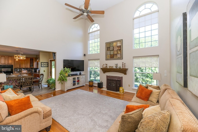 294 Arthur Ave, Port Deposit, MD 21904 - living area with a towering ceiling, healthy amount of natural light, a fireplace with flush hearth, and light wood-style flooring