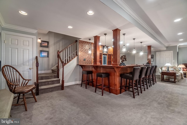 318 Ironstone Ln, Elverson, PA 19520 - kitchen featuring carpet, ornamental molding, recessed lighting, a breakfast bar area, and decorative light fixtures