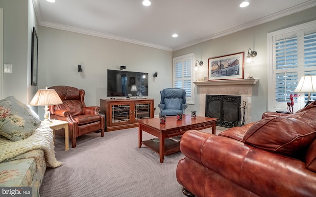 318 Ironstone Ln, Elverson, PA 19520 - living room with a glass covered fireplace, carpet flooring, recessed lighting, and ornamental molding