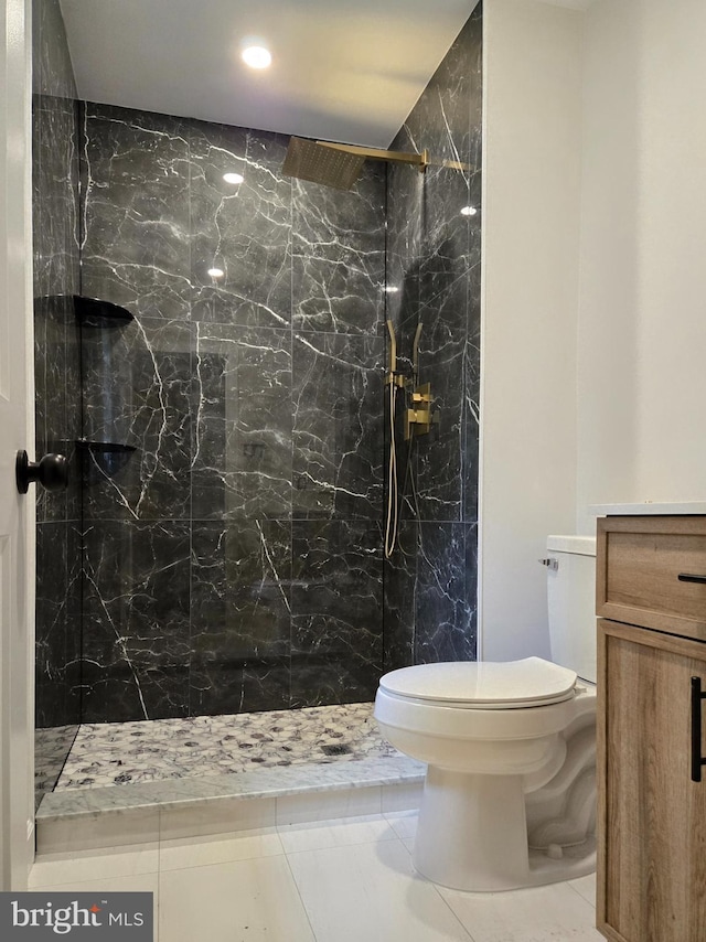 585 Andrew Dr, Southampton, PA 18966 - bathroom with toilet, a marble finish shower, recessed lighting, tile patterned flooring, and vanity