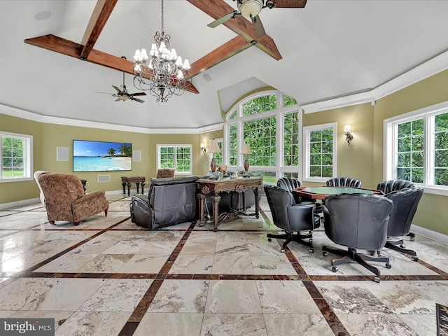 living area featuring inlaid floor details, baseboards, a ceiling fan, plenty of natural light, and beamed ceiling