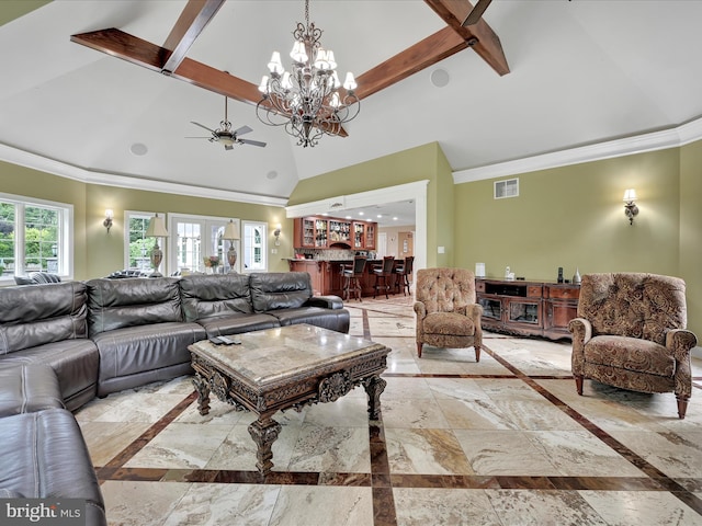 living area featuring inlaid floor details, high vaulted ceiling, crown molding, ceiling fan, and beamed ceiling
