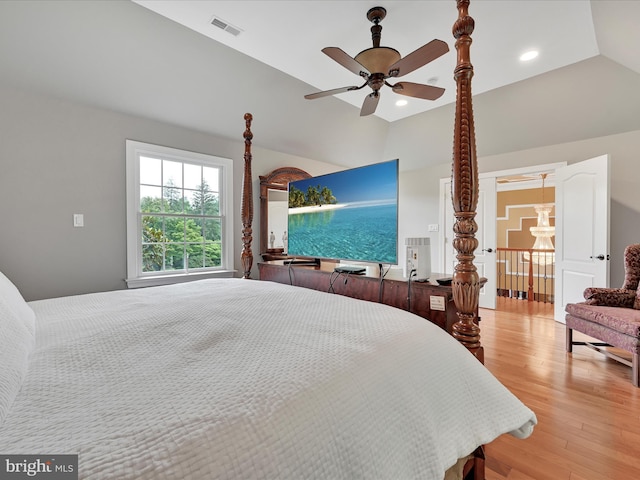 bedroom featuring lofted ceiling, light wood-style floors, recessed lighting, and ceiling fan