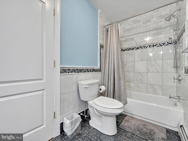 full bathroom featuring baseboard heating, toilet, shower / bath combo with shower curtain, tile walls, and wainscoting