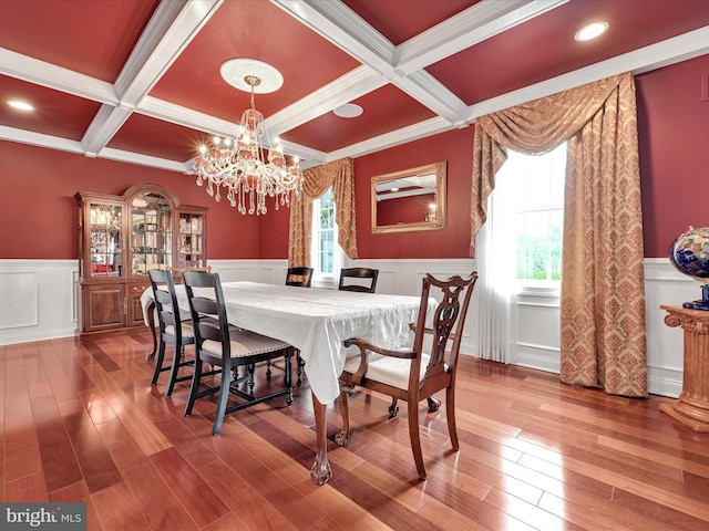 dining area with wainscoting, coffered ceiling, beam ceiling, wood-type flooring, and a chandelier