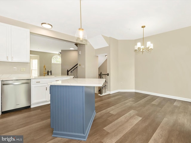 5534 Upshur, Frederick, MD 21703 - kitchen featuring dishwasher, a sink, white cabinets, wood finished floors, and a chandelier