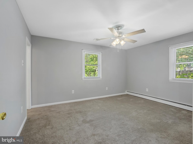 7874 Cypress Landing Rd, Severn, MD 21144 - carpeted empty room featuring ceiling fan, a baseboard heating unit, and baseboards