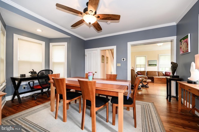213 N Queen St, Chestertown, MD 21620 - dining space with wood finished floors, ceiling fan, crown molding, and baseboards