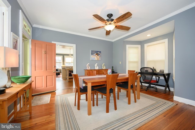 213 N Queen St, Chestertown, MD 21620 - dining space with light wood-style flooring, ornamental molding, a ceiling fan, and baseboards
