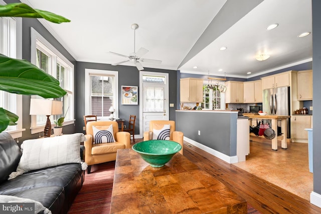 213 N Queen St, Chestertown, MD 21620 - living room with ornamental molding, recessed lighting, wood finished floors, and ceiling fan