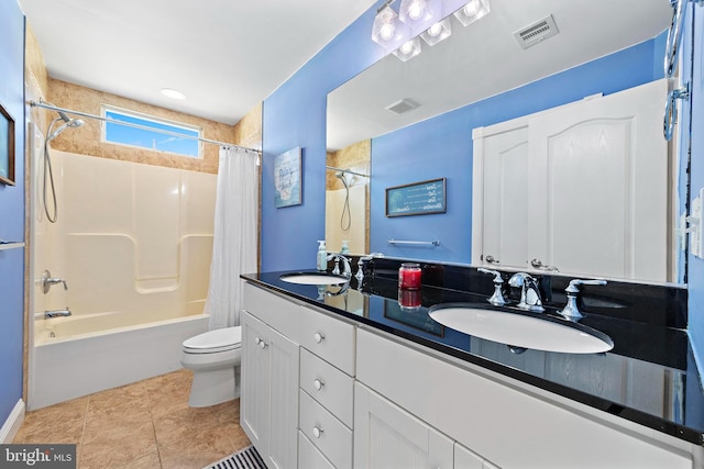 38 N 10th St, Surf City, NJ 08008 - full bath with toilet, shower / bathtub combination with curtain, double vanity, and tile patterned floors