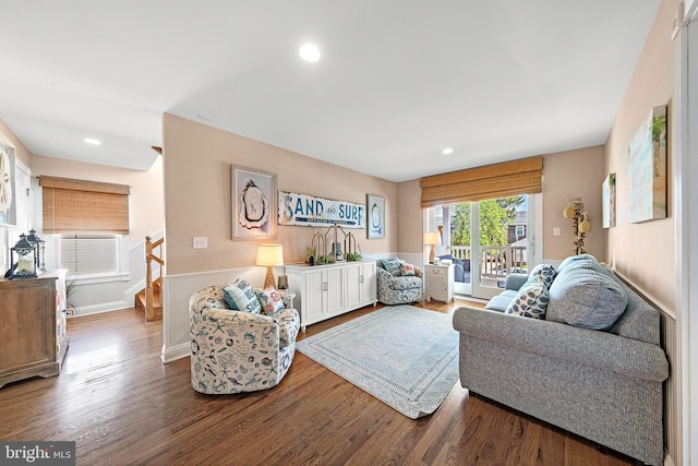 38 N 10th St, Surf City, NJ 08008 - living room featuring dark wood-style flooring, wainscoting, recessed lighting, and stairs